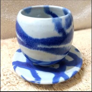 WHITEFISH POTTERY Miniature Vase & Plate Cobalt Blue Swirl Glaze 2007 Studio